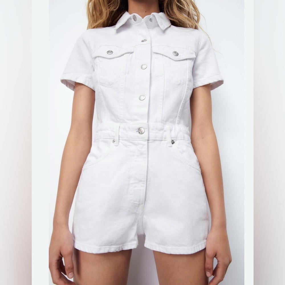 Zara Off White Denim Romper Jumpsuit size small